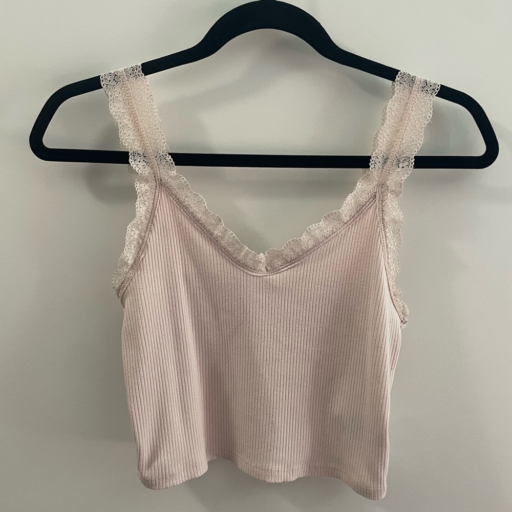 American Eagle Outfitters Pink Ribbed Top with Lace